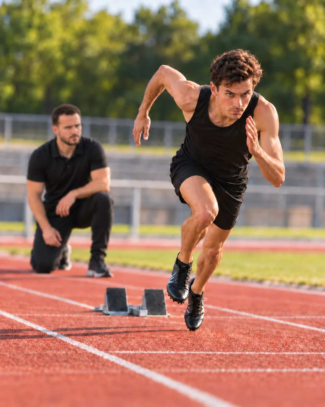 Illustrative coaching scene: a lean sprinter making an explosive start, with Tino Both observing the movement from a half-kneeling position in the background