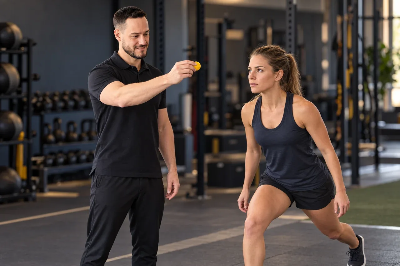 Illustrative training scene with a female athlete and Tino
